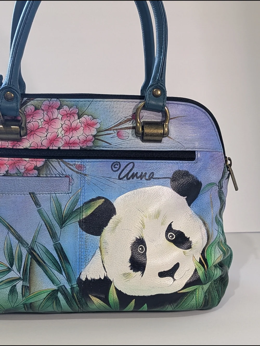 Anuschka Hand Painted Leather Satchel Panda Floral Crossbody Shoulder Bag Art